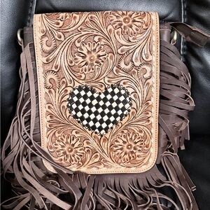 Brown Fringed Leather Bag with Heart Design